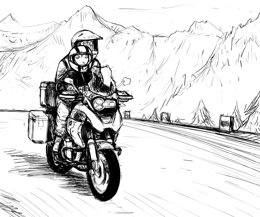 anthro duo female male motorcycle motorcycle_helmet mountain vehicle wide_eyed hladilnik bmw bmw_r1200_gs bill_(hladilnik) jane_doe_(hladilnik) bovid caprine equid equine mammal sheep zebra 2024 6:5 black_and_white hi_res monochrome