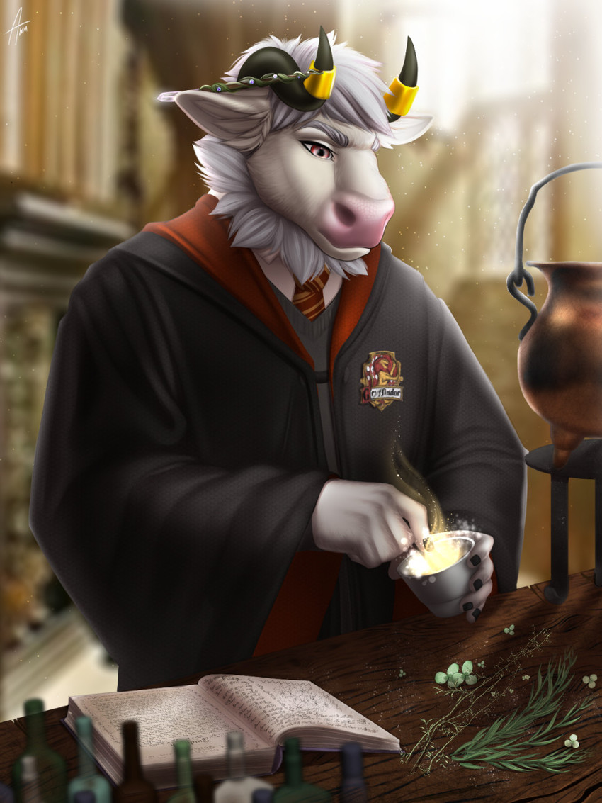 anthro clothed clothing gryffindor hair hogwarts_uniform horn male school_uniform solo standing uniform amur harry_potter_(series) bovid bovine cattle mammal 2020 3:4 digital_media_(artwork) hi_res