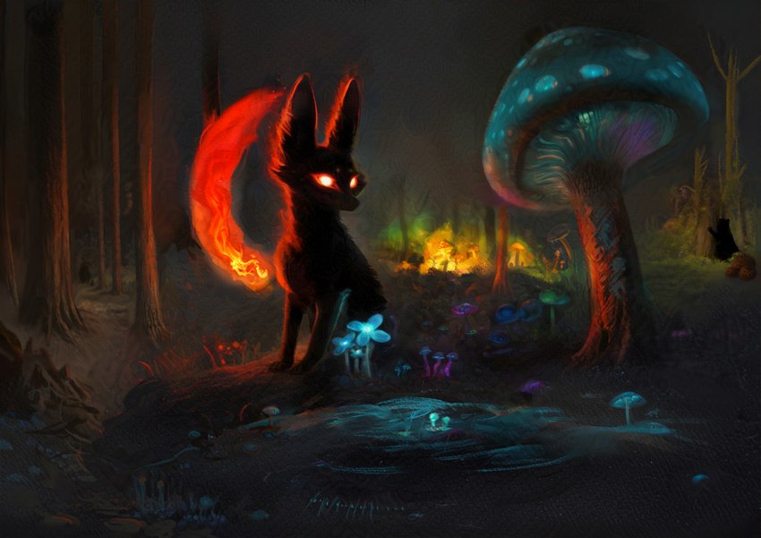 ambiguous_gender dark_body dark_fur detailed_background dimly_lit elegant feral food forest forest_background fruit fungus fur glowing glowing_eyes holidays mushroom nature nature_background plant pumpkin silhouette solo_focus tree inafox halloween bear canid canine fox mammal adversarial_noise digital_media_(artwork) hi_res oil_painting_(artwork) painting_(artwork) rebelle_(artwork)