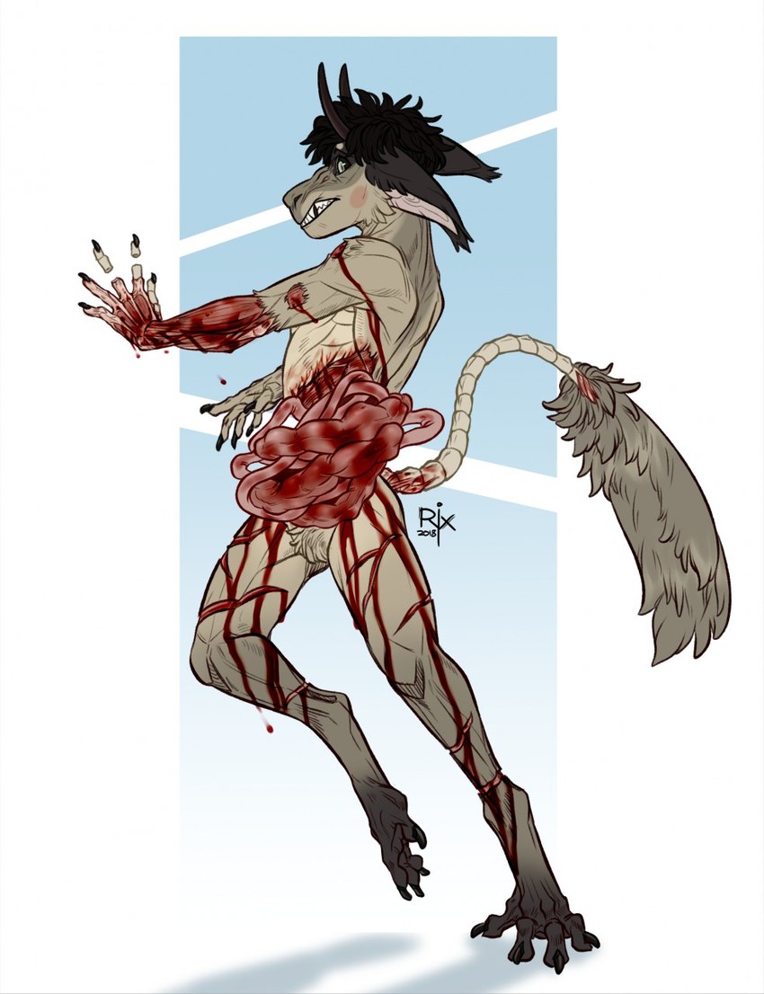 abstract_background anthro black_claws black_hair black_sclera blood_on_arm blood_on_leg brown_horn brown_pupils cheek_tuft claws crotch_tuft cut_(wound) ear_tuft ears_back exposed_bone exposed_flesh facial_tuft fangs featureless_crotch finger_claws fur gore green_eyes grey_body grey_fur guts hair horn logo male nude organs pivoted_ears pupils skinned solo standing tail tail_tuft teeth tuft riorix 2018 artist_logo dated full-length_portrait hi_res portrait