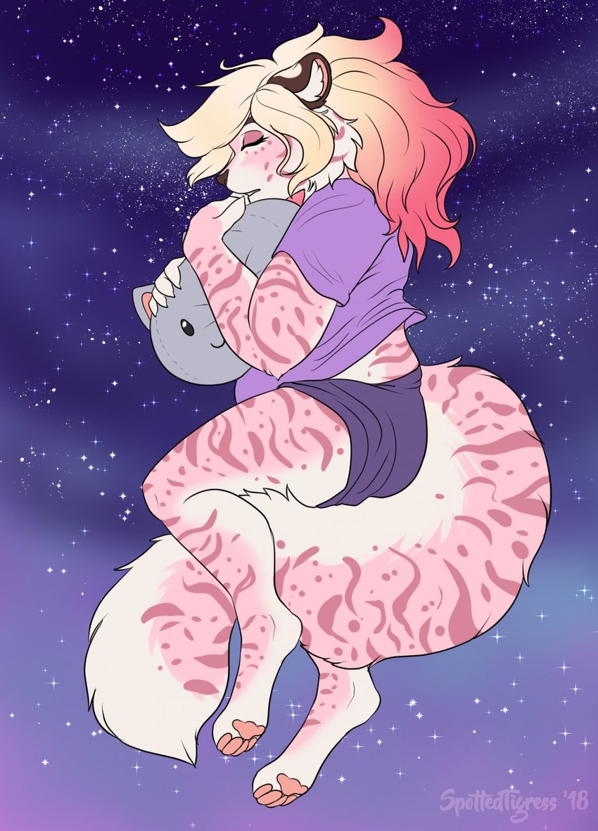 anthro blonde_hair bottomwear clothed clothing eyelashes eyes_closed female fur hair markings multicolored_hair pink_body pink_fur purple_bottomwear purple_clothing purple_topwear red_hair side_view sleeping solo spots spotted_arms spotted_legs spotted_markings spotted_tail striped_arms striped_legs striped_markings striped_tail stripes tail tail_markings topwear two_tone_hair white_body white_fur tiggybloom marzipan_(spottedtigress) felid mammal pantherine tiger 2018 dated digital_media_(artwork) full-length_portrait hi_res portrait signature