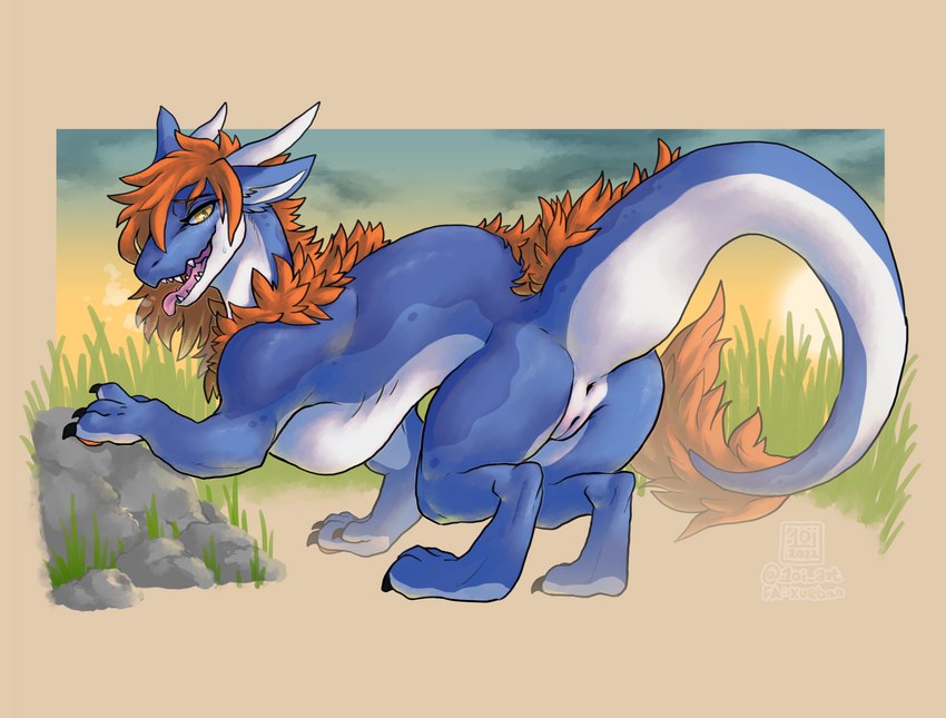 anus blue_body blush claws female feral fur genitals grass hair orange_body orange_fur outside plant pussy rock solo tail yellow_eyes 1oi conditional_dnp mythology asunyra kiro_(messydragon) dragon mythological_creature mythological_scalie scalie absurd_res hi_res