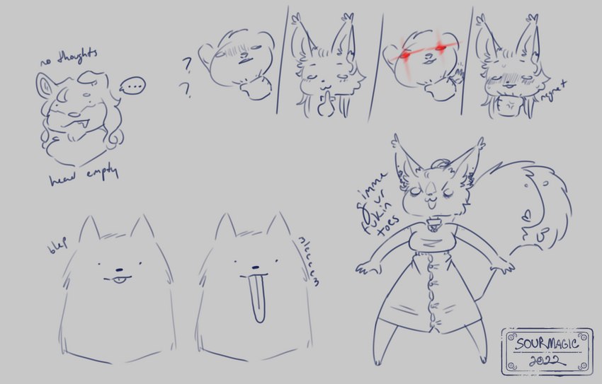 anthro asphyxiation blep blush bodily_fluids bottomwear choking clothing collar dialogue female fluffy fluffy_tail group hair hair_bun hair_down humor male red_eyes silly skirt sweat tail tongue tongue_out sourmagic levi_kyros nero_kyros witt canid canine canis domestic_cat felid feline felis mammal murid murine rat rodent valta wolf meme sketch