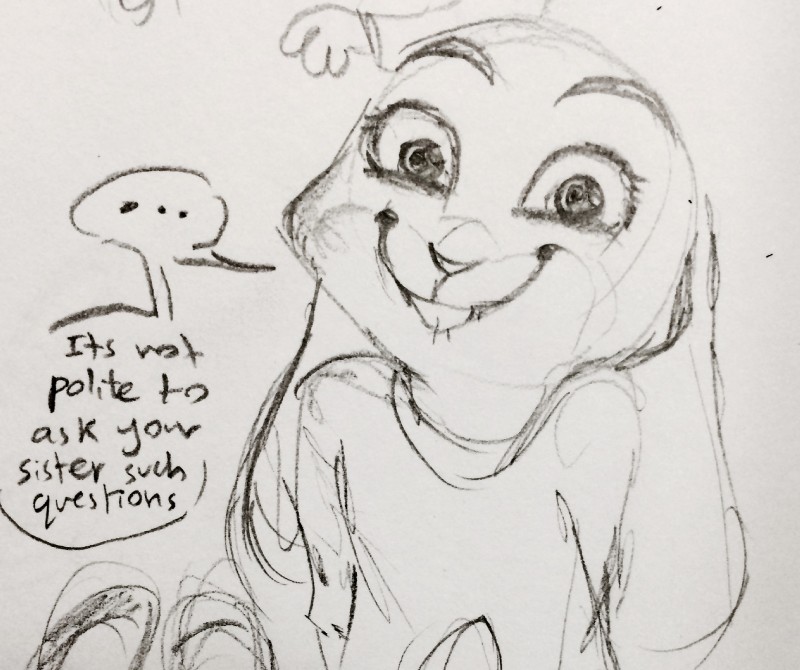 3_fingers anthro buckteeth clothing dialogue female fingers long_ears looking_at_viewer shirt smile speech_bubble teeth text topwear nicolaswildes_(artist) disney zootopia judy_hopps lagomorph leporid mammal rabbit 2016 comic english_text hi_res monochrome sketch traditional_media_(artwork)