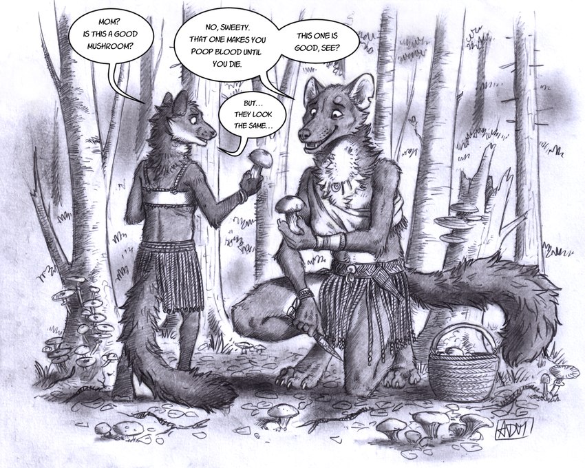 anthro biped dialogue duo female fungus fur mushroom plant speech_bubble tail text tree young young_anthro young_female 0laffson gulonine mammal marten mustelid musteline english_text graphite_(artwork) monochrome traditional_media_(artwork) daughter_(lore) mother_(lore) mother_and_child_(lore) mother_and_daughter_(lore) parent_(lore) parent_and_child_(lore) parent_and_daughter_(lore)