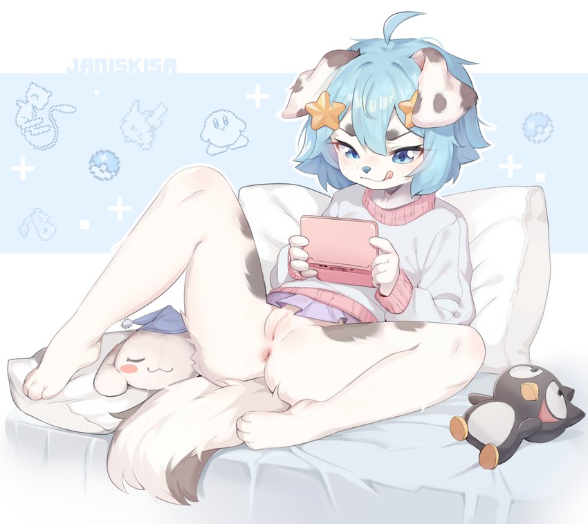 anthro anus bent_legs blue_eyes blue_hair blush bottomwear butt clothed clothing concentration feet female fingers floppy_ears fluffy fluffy_tail fur genitals hair holding_object humanoid_genitalia loli lop_ears lying markings narrowed_eyes nude paws pillow pink_anus pink_pussy plushie pokeball pussy shirt short_hair simple_background skirt skirt_removed smile solo spots spotted_body spotted_fur spotted_markings spread_legs spreading stars_in_hair tail tongue tongue_out topwear toy white_body white_fur young young_anthro young_female janiskisa cinnamoroll hello_kitty_(series) kirby_(series) nintendo nintendo_3ds nintendo_ds nintendo_ds_family pokemon sanrio badtz-maru cinnamon_(cinnamoroll) hoshimi_(kurarifox) canid canine canis dalmatian domestic_dog lagomorph mammal digital_media_(artwork) hi_res