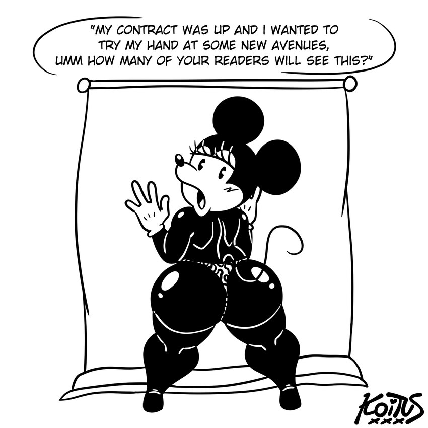 anthro barefoot big_butt black_body butt clothing dialogue feet female gloves handwear huge_butt looking_back second-party_source solo speech_bubble tail text thick_thighs thong underwear koituskazam disney minnie_mouse mammal mouse murid murine rodent 1:1 english_text hi_res line_art monochrome