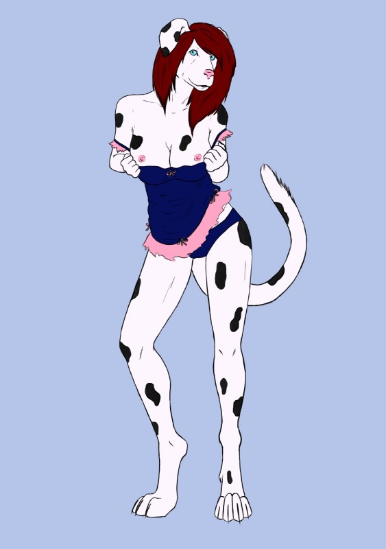 anthro biped black_body black_fur black_spots blue_eyes breasts digitigrade female flashing fur hair long_hair looking_at_viewer markings nipples red_hair simple_background solo spots spotted_body spotted_fur standing white_body white_fur octopoppy dealia_devilbliss canid canine canis dalmatian domestic_dog mammal absurd_res hi_res