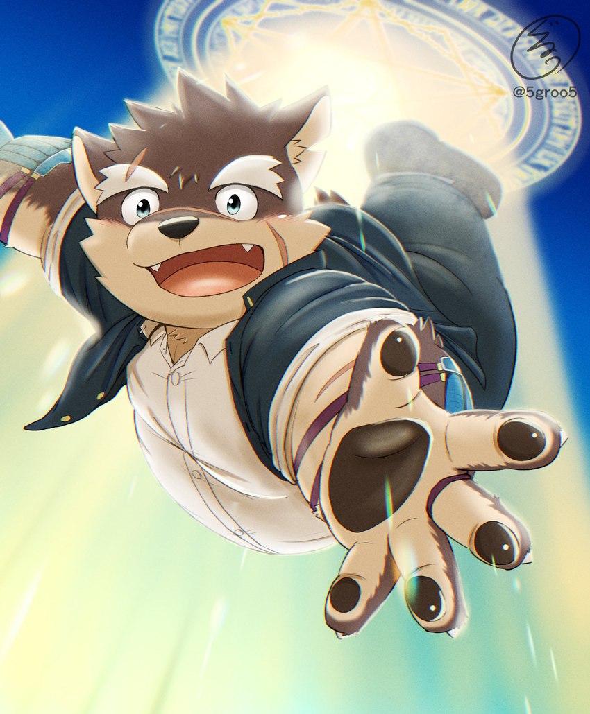 anthro eyebrows facial_scar falling fur grey_body grey_fur male pawpads scar slightly_chubby solo thick_eyebrows 5groo5 lifewonders tokyo_afterschool_summoners moritaka_(tas) canid canine canis domestic_dog mammal hi_res