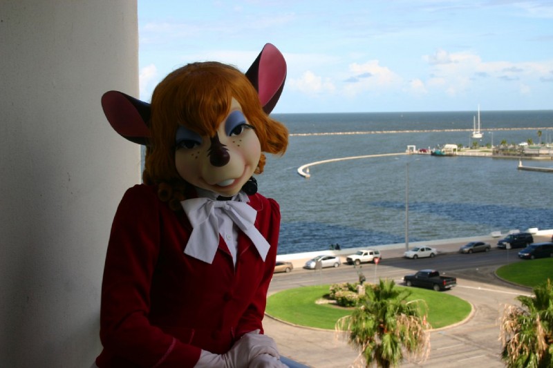 anthro clothed clothing costume female fursuit looking_at_viewer real scenic_view solo rabbitinthemoon mammal mouse murid murine rodent grandfathered_content photography_(artwork)