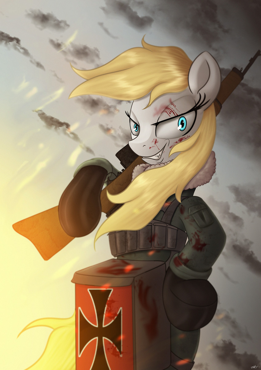 blonde_mane blood blue_eyes bodily_fluids clothing cross eyelashes female fur gloves handwear iron_cross looking_at_viewer mane nazi outside sky solo standing uniform white_body white_fur jeki hasbro my_little_pony the_saga_of_tanya_the_evil youjo_senki aryanne_(character) fan_character tanya_degurechaff equid equine horse mammal pony hi_res