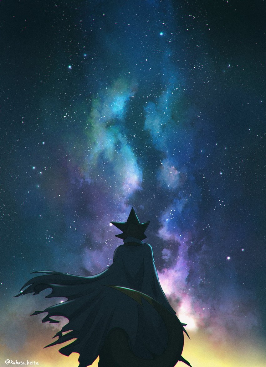 anthro black_body blade cape clothing cosmic_background male night rear_view sky solo star stargazing starry_sky tail tail_blade weapon_tail kubota_keita bandai_namco digimon digimon_ghost_game digimon_(species) gulusgammamon hi_res