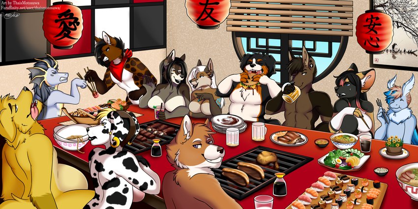 alcohol anthro barbecue beer belly beverage burger cheek_bulge ear_piercing ear_ring female food gauged_ear group japanese male noodles overweight party piercing ramen ring_piercing smile sushi text tongue conditional_dnp thaismotosuwa alst cesio_(moth) menzo ocean_(thaismotosuwa) african_wild_dog arthropod bernese_mountain_dog bird_dog canid canine canis dalmatian domestic_dog fox golden_retriever hunting_dog insect lepidopteran mammal molosser moth mountain_dog retriever swiss_mountain_dog 2018 2:1 absurd_res hi_res url