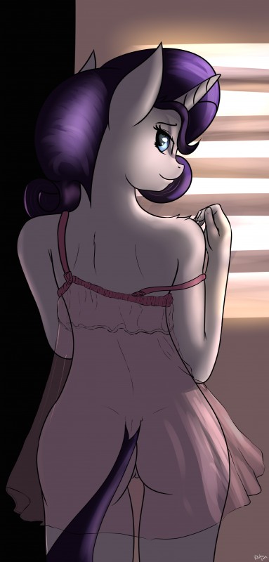 anthro anthrofied blue_eyes butt clothed clothing dock_(anatomy) female fur genitals hair horn inside looking_at_viewer looking_back nightgown off_shoulder purple_hair pussy rear_view solo tail translucent translucent_clothing white_body white_fur patch_(artist) friendship_is_magic hasbro my_little_pony mythology rarity_(mlp) equid equine mammal mythological_creature mythological_equine unicorn 2014 absurd_res hi_res