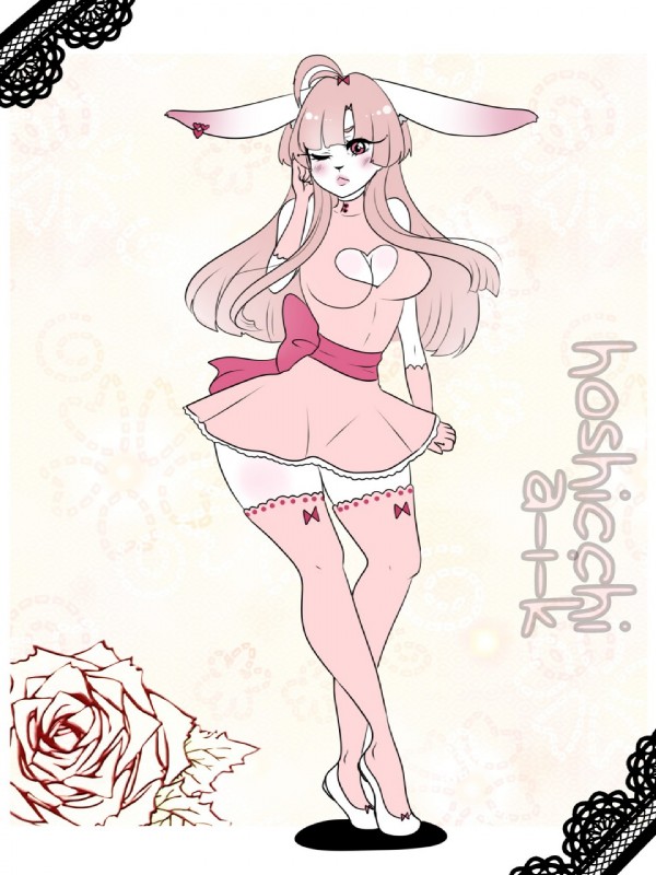 breasts clothing dress female hair legwear pink_clothing pink_dress pink_eyes pink_hair pink_stockings solo stockings hoshicchi alfie lagomorph leporid mammal rabbit 3:4 digital_media_(artwork) hi_res