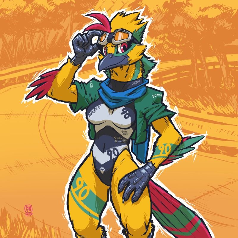 anthro beak breasts clothed clothing clothing_over_leotard feather_tuft feathers female green_clothing hand_on_hip leotard looking_at_viewer multicolored_body multicolored_feathers non-mammal_breasts scuted_arms scutes solo sports_leotard tail tail_feathers tuft megawolf77 blazing_amber avian bird 1:1 2019 absurd_res hi_res