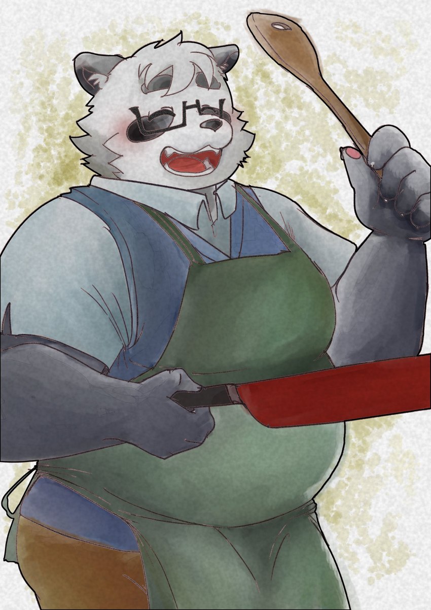 anthro apron black_body black_nose blush bottomwear clothing cooking eyes_closed eyewear glasses humanoid_hands kemono male overweight overweight_male pants shirt solo topwear white_body pinoren vtuber sasayama_akira bear giant_panda mammal 2022 hi_res