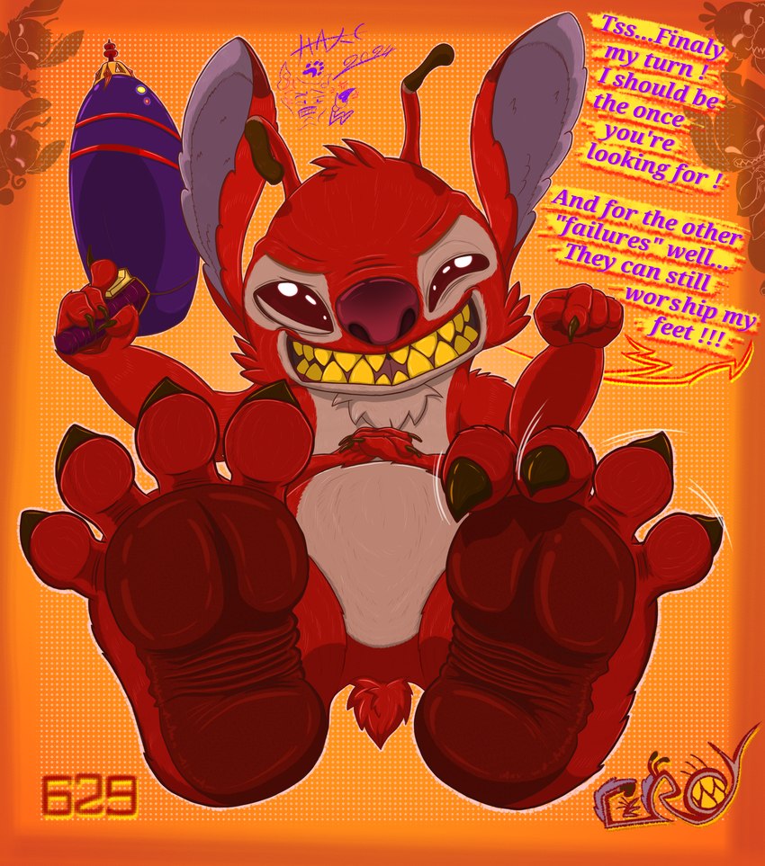 4_arms 4_fingers 4_toes antennae_(anatomy) anthro biped border brown_claws cheek_tuft chest_tuft claws dialogue dotted_background ear_markings evil_grin facial_tuft feet finger_claws fingers foot_fetish foot_focus fur gesture grinning_at_viewer group gun hand_gesture hands_together head_markings head_tuft holding_gun holding_object holding_ranged_weapon holding_weapon looking_at_viewer male markings multi_arm multi_limb multicolored_antennae occipital_markings open_mouth open_smile orange_background orange_border pattern_background pawpads plasma_gun pointing pointing_at_self pointing_down purple_inner_ear ranged_weapon red_body red_eyes red_fur red_nose red_pawpads scut_tail short_tail silhouette simple_background smile solo_focus tail teeth text toe_claws toes tuft weapon wrinkled_feet wrinkles yellow_teeth hake-feretto disney lilo_and_stitch angel_(lilo_and_stitch) experiment_627 leroy_(lilo_and_stitch) reuben_(lilo_and_stitch) stitch_(lilo_and_stitch) alien experiment_(lilo_and_stitch) 2024 absurd_res character_name digital_drawing_(artwork) digital_media_(artwork) english_text hi_res signature