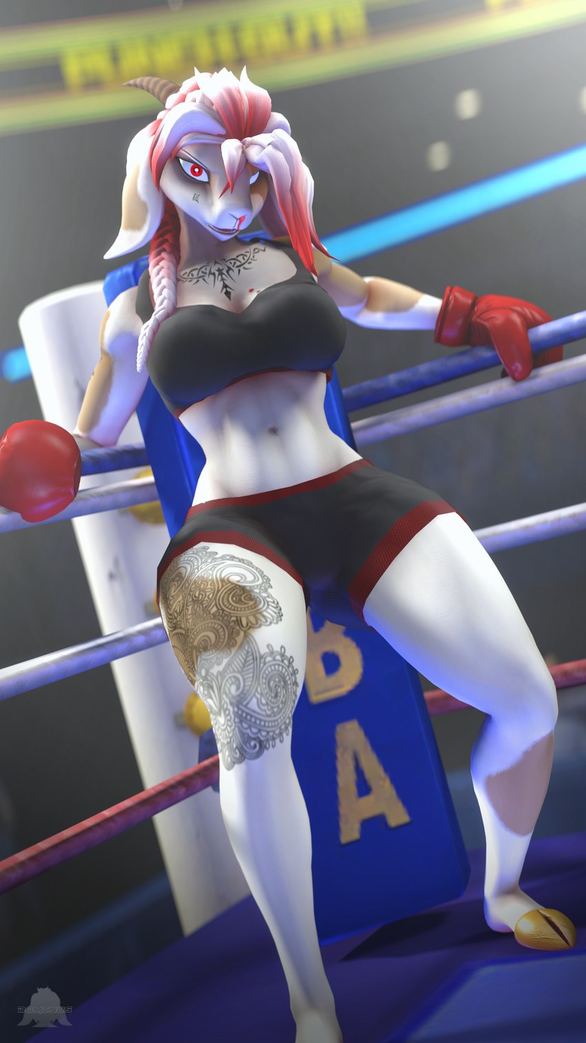 anthro blood bodily_fluids bottomwear boxing_gloves bra chest_tattoo clothing female fighting_ring fur hair handwear hooves leg_tattoo looking_at_viewer multicolored_hair navel nosebleed red_eyes red_hair shorts solo sports_bra tattoo thigh_tattoo two_tone_hair underwear white_body white_fur white_hair conditional_dnp domibun warfare_machine ali_(domibun) warfare_goat bovid caprine goat mammal 3d_(artwork) 9:16 digital_media_(artwork) hi_res source_filmmaker_(artwork)