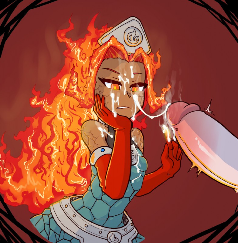 armwear big_penis bodily_fluids burn clothed clothing cock_and_ball_torture cum cum_on_clothing cum_on_face cum_on_hand cum_string dress duo elbow_gloves erection female fire flaming_hair frown genital_fluids genital_torture genitals gloves handwear headdress male not_furry orange_eyes penis pseudo_hair solo_focus thetenk konami yu-gi-oh! laval_volcano_handmaiden duel_monster elemental_creature fire_creature humanoid