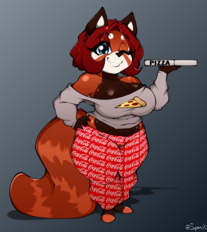 bottomwear breasts cleavage clothed clothing female food one_eye_closed pants pizza shirt solo topwear wink superix tuua_(tatara_arts) ailurid mammal red_panda absurd_res hi_res