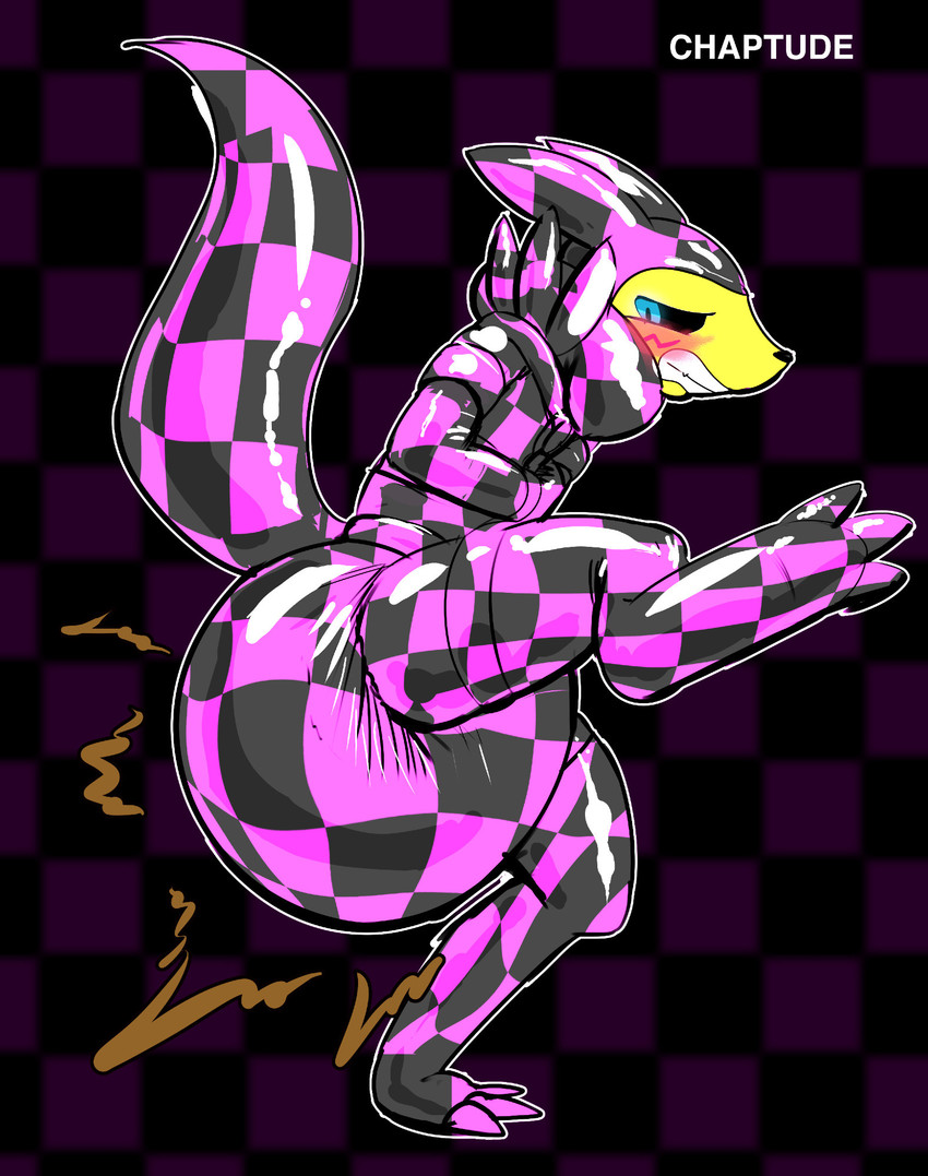 ambiguous_gender anthro bdsm black_sclera blue_eyes bondage bondage_suit bound checkered checkered_clothing clothing collar diaper feces missing_texture pattern_clothing pooping restraints soiled_diaper soiling soiling_diaper solo straitjacket unclean_diaper used_diaper chaptude bandai_namco digimon digimon_(species) renamon hi_res