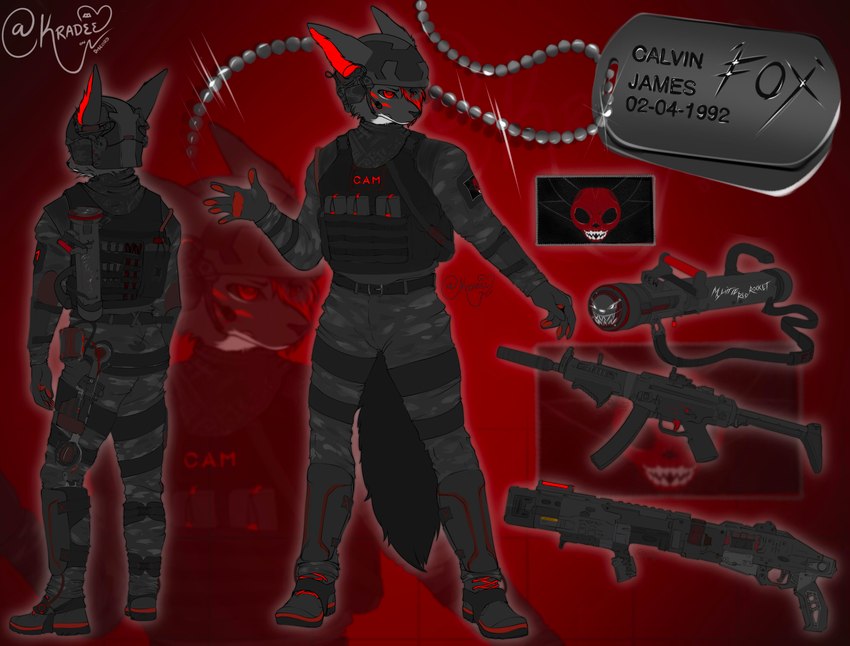 accessory anthro avali_patch black_body black_fur black_hair black_tail c.a.m. clothed clothing color_fur dog_tags door_breacher f.e.w. footwear fur gloves gun hair handwear headgear jewelry male military military_uniform mog12 mp5 multicolored_body multicolored_fur necklace ranged_weapon red_background red_body red_eyes red_fur shotgun simple_background solo special_forces submachine_gun tail text topwear two_tone_body two_tone_fur uniform weapon kradee prototype_9 spec_ops calvin_james canid canine fox mammal absurd_res digital_media_(artwork) english_text hi_res widescreen