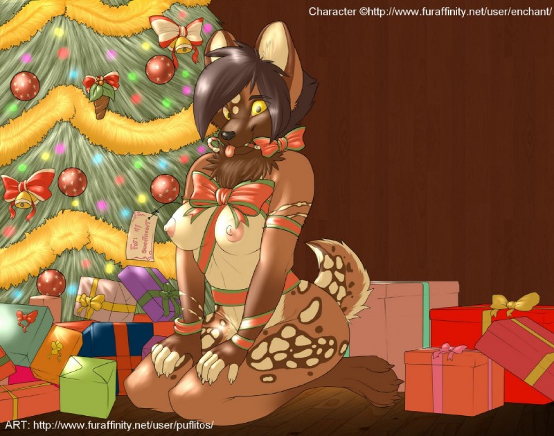 anthro areola biped black_hair breasts brown_body brown_fur candy candy_cane christmas_tree dessert female food fur hair holidays inside kneeling looking_at_viewer nipples nude plant ribbons smile solo text tongue tongue_out tree puflitos christmas canid canine mammal url