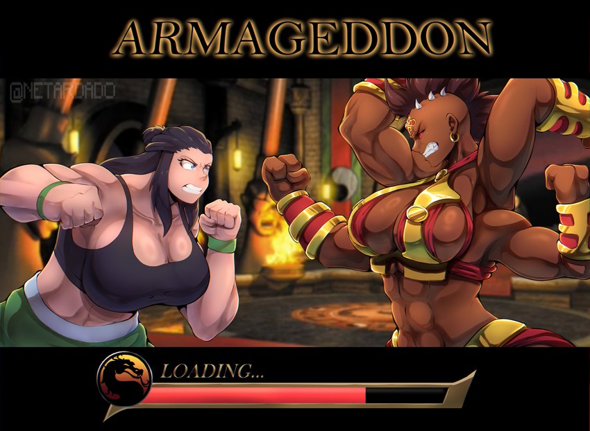 3_fingers 4_arms 5_fingers abs armor biceps big_breasts black_hair blue_eyes breasts brown_body brown_skin cleavage clothed clothing crop_top detailed_background duo ear_piercing ear_ring eyelashes female fingers gold_(metal) hair head_spikes light-skinned_female light_body light_skin loading_screen long_hair mohawk multi_arm multi_limb muscular muscular_female muscular_humanoid not_furry piercing red_eyes ring_piercing shirt side_boob spikes spikes_(anatomy) text topwear vambrace netardado mortal_kombat sheeva draco_shokan human humanoid mammal shokan 2024 absurd_res artist_name digital_drawing_(artwork) digital_media_(artwork) hi_res watermark