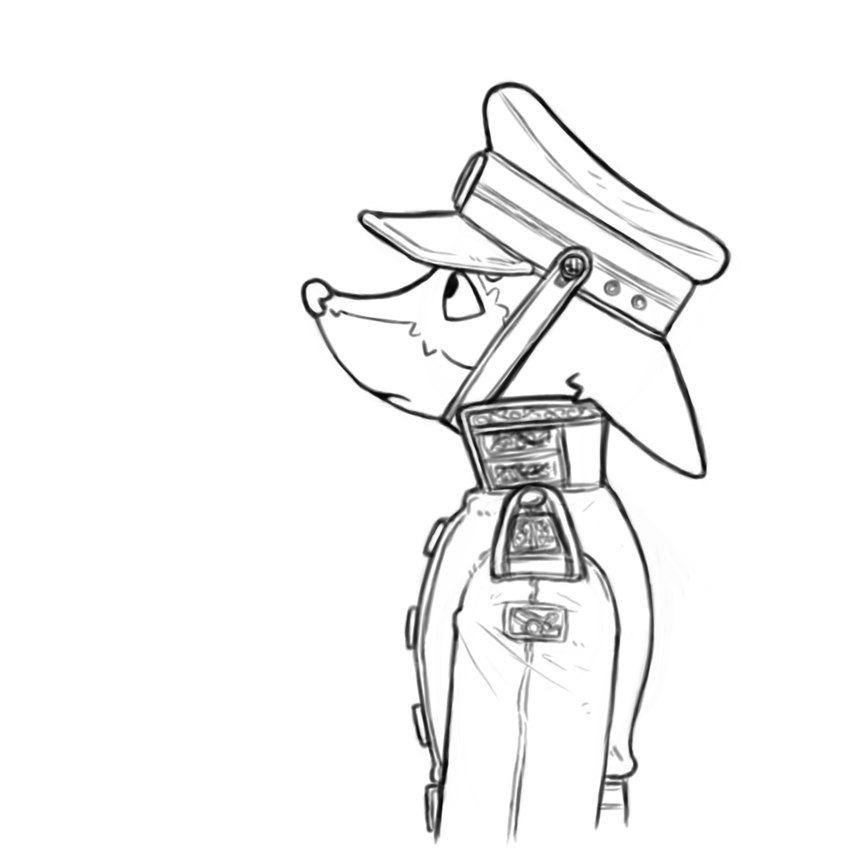 anthro chinstrap clothed clothing ears_down frown fur hat headgear headwear looking_up male military_uniform pivoted_ears sad side_view snout solo uniform us_cannonfodder canid canine fox mammal 2024 black_and_white bust_portrait digital_drawing_(artwork) digital_media_(artwork) drawpile_(artwork) hi_res monochrome portrait sketch