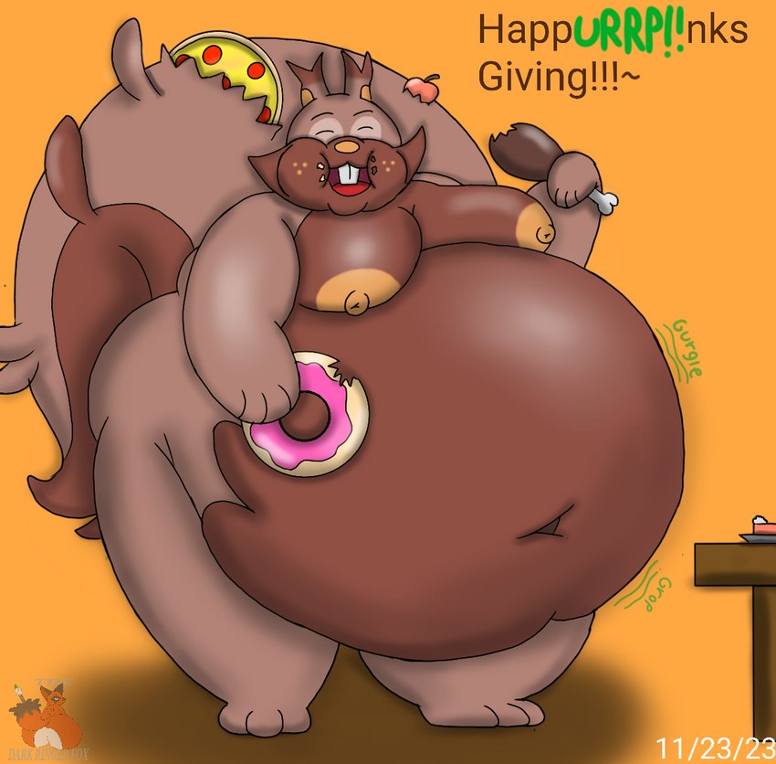 anthro apple burping crumbs dessert doughnut food fruit holidays male navel overweight overweight_male pastry pie pizza plant rumbling_stomach solo turkey_leg thedarkringedfox nintendo pokemon thanksgiving generation_8_pokemon greedent nickit pokemon_(species)