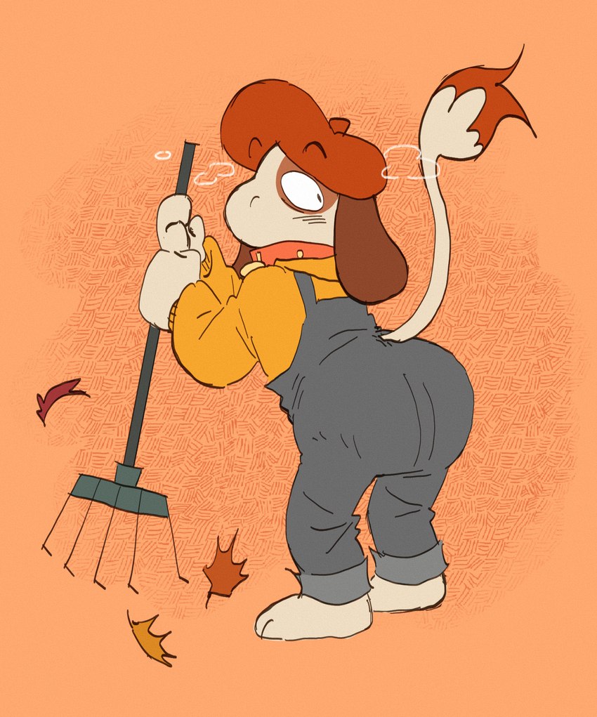 ambiguous_gender anthro autumn clothed clothing collar diaper diaper_under_clothing overalls rake solo tools slusheep nintendo pokemon meek_(wiprogress) generation_2_pokemon pokemon_(species) smeargle hi_res nonbinary_(lore)