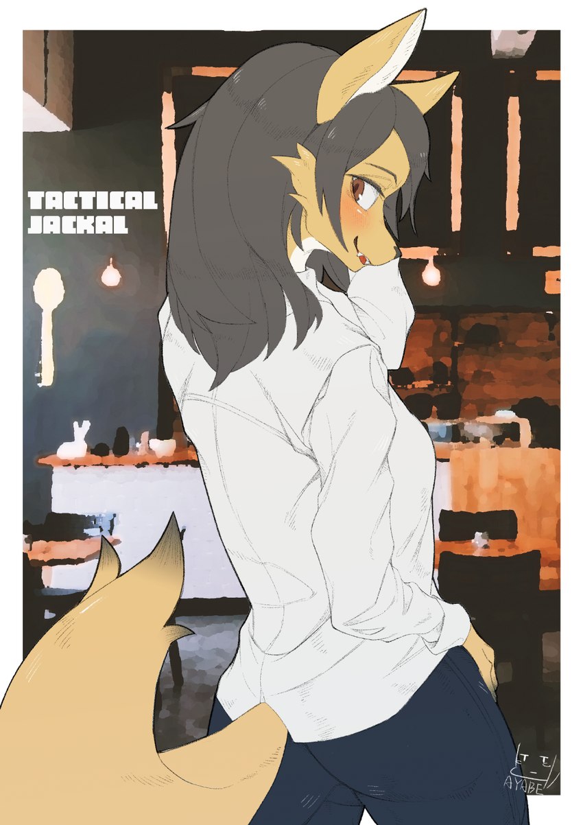 anthro black_hair blush bottomwear brown_hair butt clothing female female_anthro fur hair inside kemono looking_at_viewer looking_back looking_back_at_viewer pants shirt smile solo tan_body tan_fur topwear white_clothing white_shirt white_topwear ayabemiso canid canine fox mammal 2021 hi_res