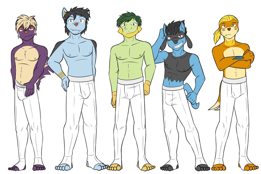 anthro anthrofied clothed clothing crossed_arms group male navel nipples pokemorph simple_background stirrup_leggings stirrup_legwear thumb_in_waistband topless white_background fuze nintendo pokemon skyler_(fuze) buizel generation_4_pokemon grotle luxio pokemon_(species) riolu stunky 3:2 hi_res