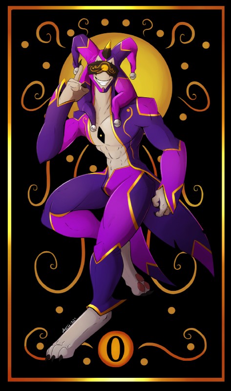 bell black_border blindfold border card card_template clothed clothing coattails fortune_telling grin hat headgear headwear horn jester major_arcana male smile tarot tarot_card teeth the_fool_(tarot) undeadkitty13 the_fool_(undeadkitty13) humanoid hi_res