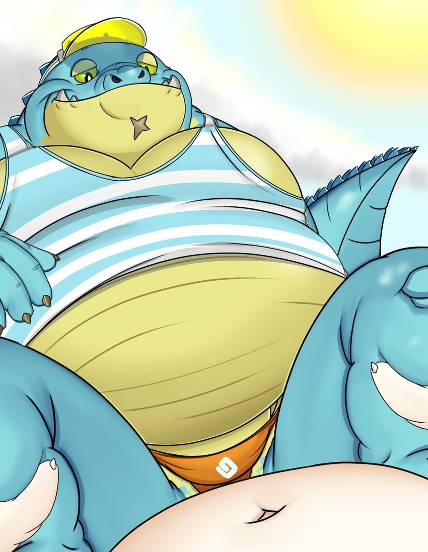 anthro belly blue_body clothing duo first_person_view green_eyes hat headgear headwear male male/male overweight scar shirt smile speedo spread_legs spreading swimwear tank_top topwear visor_cap peto3001 lifewonders tokyo_afterschool_summoners makara_(tas) crocodile crocodilian human mammal reptile scalie hi_res