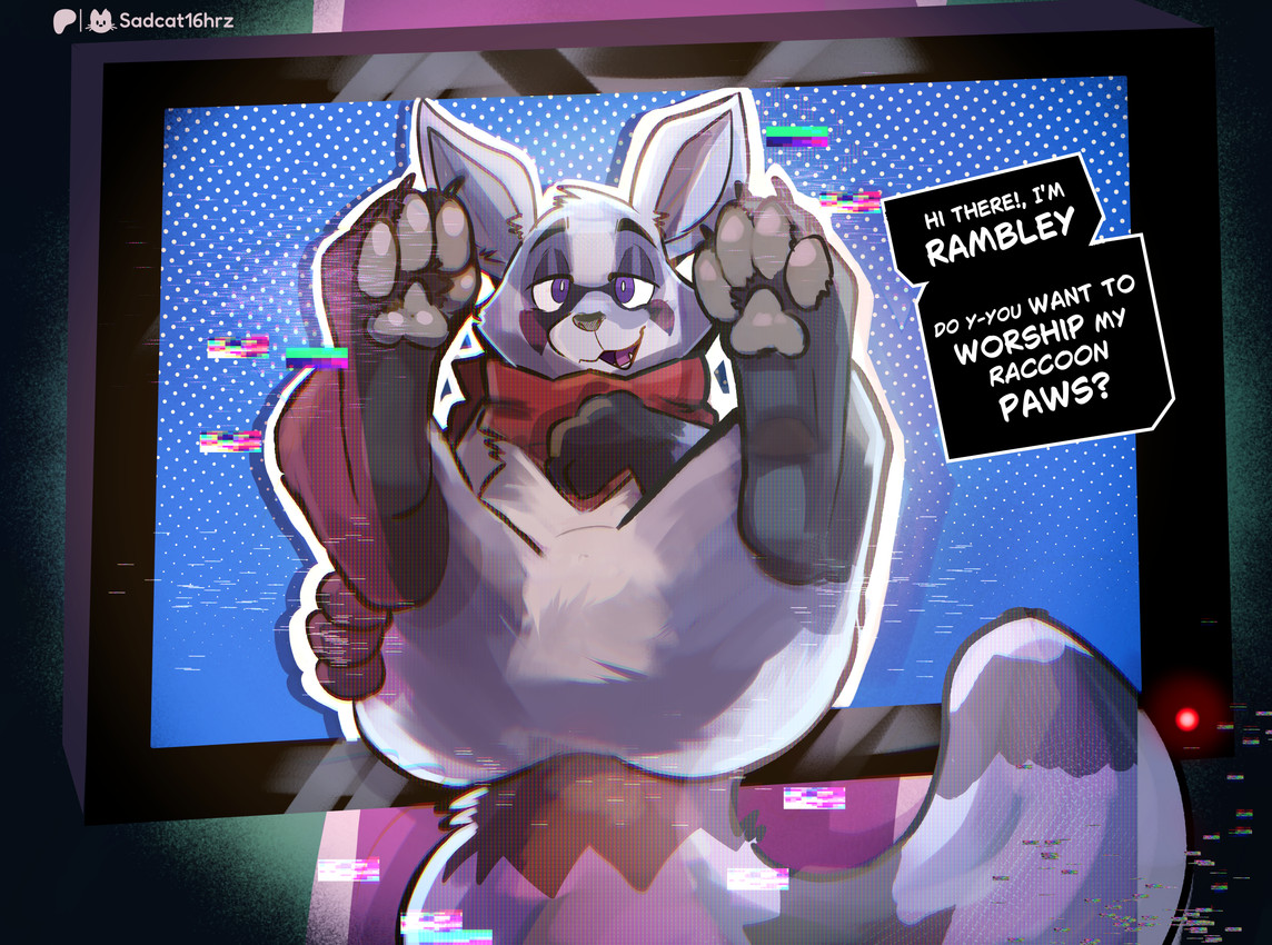 anthro bedroom_eyes crt_effect featureless_crotch feet foot_fetish foot_focus gesture looking_at_viewer male narrowed_eyes null open_mouth open_smile painting pawpads paws purple_body purple_eyes scarf seductive smile soles solo suggestive suggestive_dialogue suggestive_gesture suggestive_look suggestive_pose teasing text through_screen conditional_dnp sadcat16hrz indigo_park patreon rambley_raccoon mammal procyonid raccoon absurd_res hi_res huge_filesize monochrome painting_(artwork) url adult_(lore)