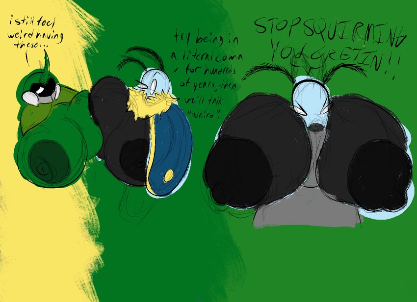 angry antennae_(anatomy) anthro asymmetrical_breast_frottage big_breasts black_body black_breasts black_nipples breast_play breast_squish breasts breasts_frottage crossgender dialogue duo erect_nipples faceless_character faceless_male female fur green_background green_body green_breasts green_nipples grey_body gynomorph gynomorph/female herm herm/female horn huge_breasts intersex intersex/female leaf male male/male mandibles mtf_crossgender mtg_crossgender mth_crossgender mti_crossgender neck_tuft nipples sex simple_background squish titfuck tuft white_eyes yellow_background yellow_body yellow_fur nauiho bug_fables moonsprout_games kabbu_(bug_fables) leif_(bug_fables) arthropod beetle insect lepidopteran moth