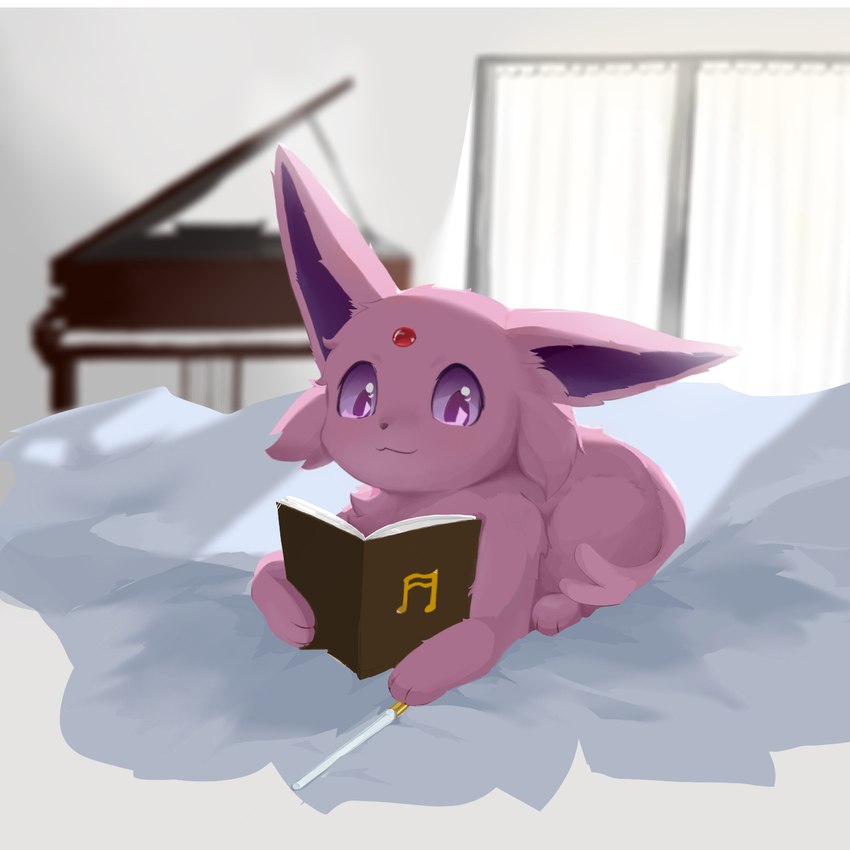 ambiguous_gender bed book door feral forked_tail fur furniture inside keyboard_instrument long_ears looking_at_viewer musical_instrument piano pink_body pink_fur purple_eyes smile tail unusual_anatomy unusual_tail xiwomo nintendo pokemon eeveelution espeon generation_2_pokemon pokemon_(species) 1:1 hi_res