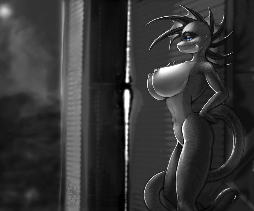 anthro big_breasts blue_eyes breasts door female fingers happy nipples non-mammal_nipples solo standing tail laffykat22 mythology dragon mythological_creature mythological_scalie scalie greyscale monochrome watermark