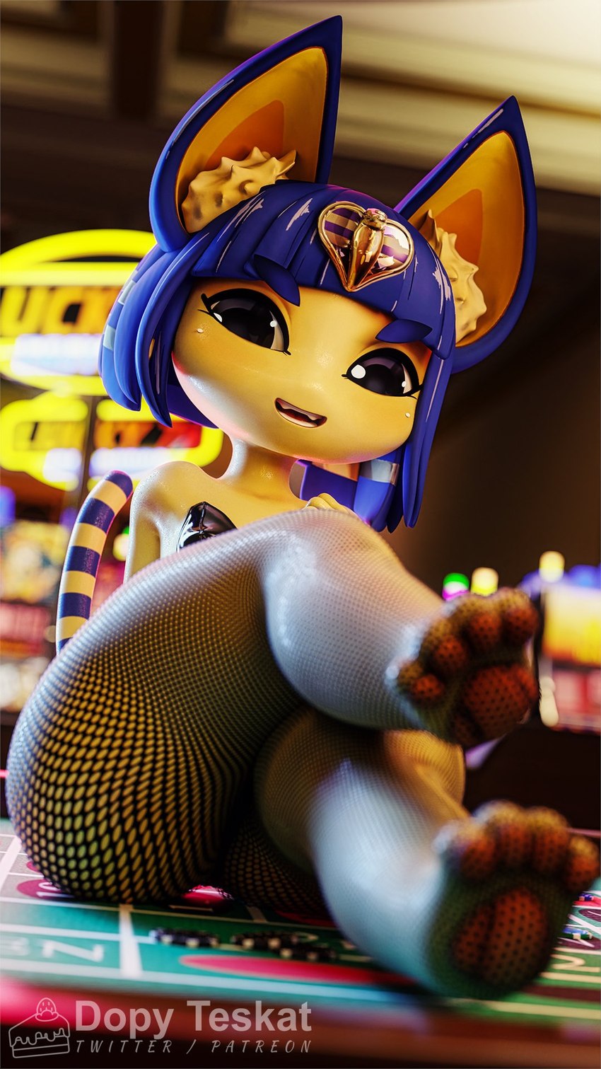 anthro big_butt blue_hair blush butt casino casino_table clothed clothing feet female foot_focus furniture hair legwear looking_at_viewer on_table pantyhose pawpads paws sitting sitting_on_table smile soles solo table teeth thick_thighs toes yellow_body sashacakes animal_crossing nintendo ankha_(animal_crossing) ankha_(zy0n7) domestic_cat felid feline felis mammal 3d_(artwork) 9:16 digital_media_(artwork) hi_res