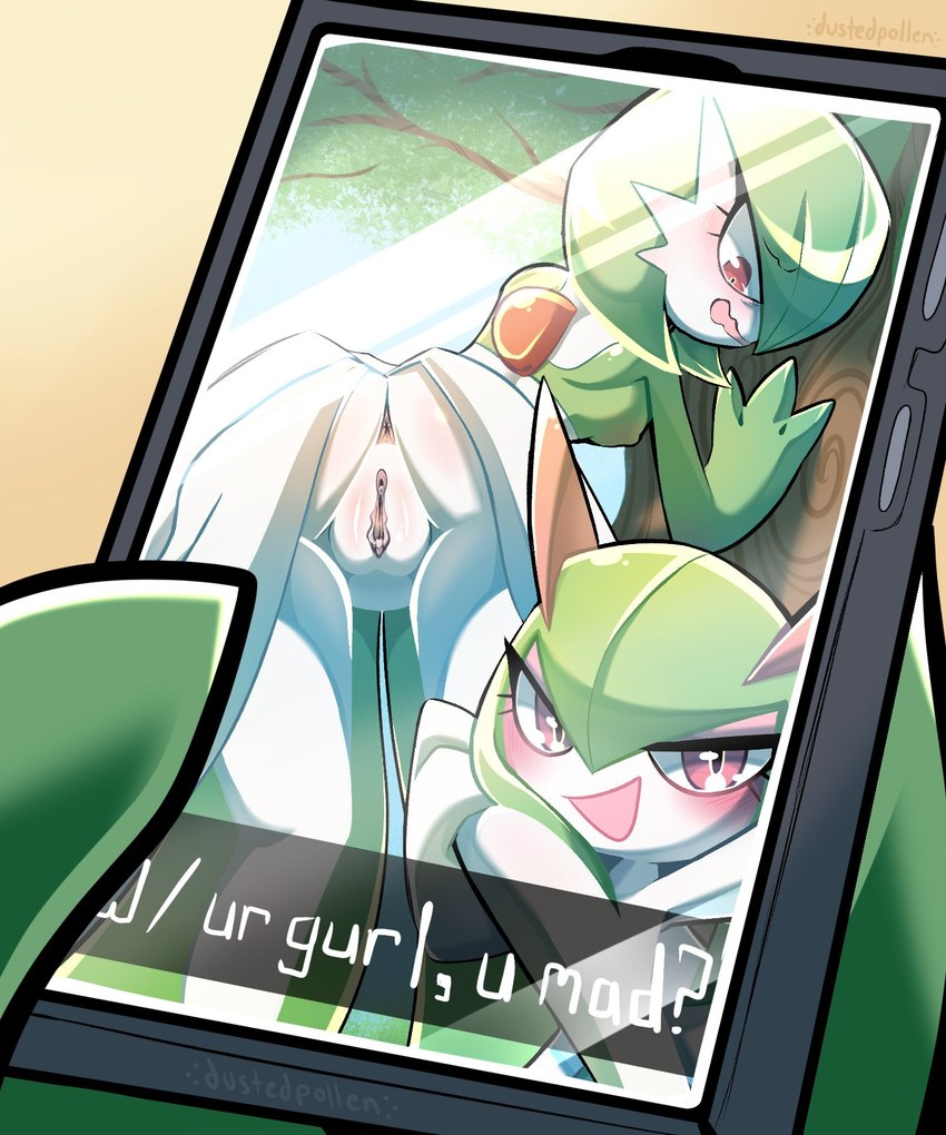 ambiguous_gender anus blush clothing electronics eyeshadow female flustered genitals holding_leg holding_object holding_phone holding_tree legwear looking_down_at_another makeup message nipples phone plant pussy smug thick_thighs thigh_highs tree wide_hips dustedpollen nintendo pokemon gallade gardevoir generation_3_pokemon generation_4_pokemon kirlia pokemon_(species) 5:6 hi_res