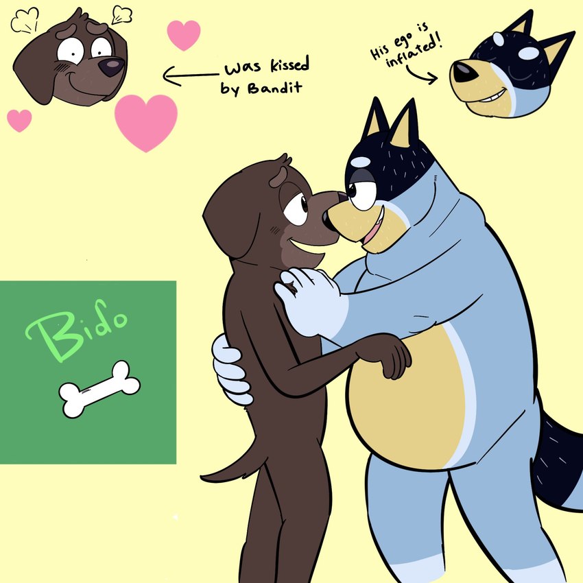 anthro arrow_sign black_body black_ears black_eyes black_fur black_nose black_tail blue_body blue_fur blue_tail blush bone brown_body brown_ears brown_fur brown_hair brown_nose brown_tail double_chin duo eye_contact eyes_closed face_to_face flustered fur hair half-closed_eyes hand_on_back hand_on_chest heart_symbol looking_at_another love male male/male multicolored_body multicolored_fur narrowed_eyes obese obese_anthro obese_male overweight overweight_anthro overweight_male smile standing tail teeth text tongue two_tone_body two_tone_fur two_tone_tail yellow_body yellow_fur beargarbage bluey_(series) bandit_heeler fido_(bluey) australian_cattle_dog bird_dog canid canine canis cattledog domestic_dog herding_dog hunting_dog labrador mammal pastoral_dog retriever 1:1 2023 digital_media_(artwork) english_text hi_res