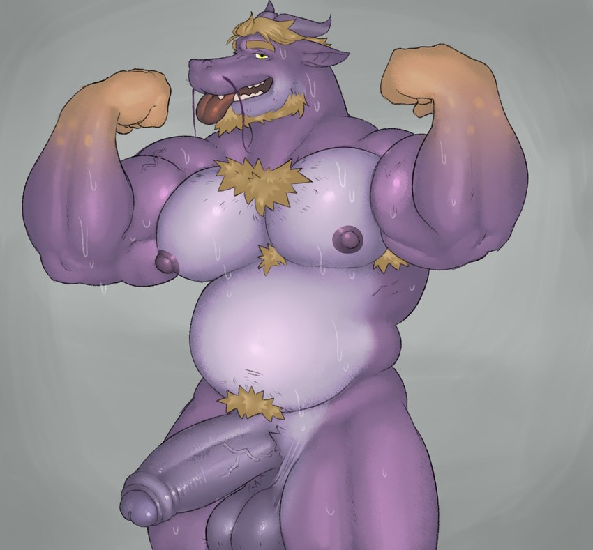 anthro big_penis bodily_fluids flexing genitals humanoid_genitalia humanoid_penis male muscular muscular_male nipples pecs penis pubes smile solo sweat teeth tongue tongue_out fleshformomo mythology dragon eastern_dragon mythological_creature mythological_scalie scalie hi_res