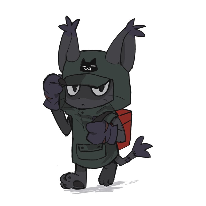 ambiguous_gender anthro backpack black_body black_fur clothing fur gloves handwear hat headgear headwear hood pawpads solo randomlyrab bandai_namco digimon digimon_ghost_game blackgatomon_uver. digimon_(species) 1:1 hi_res