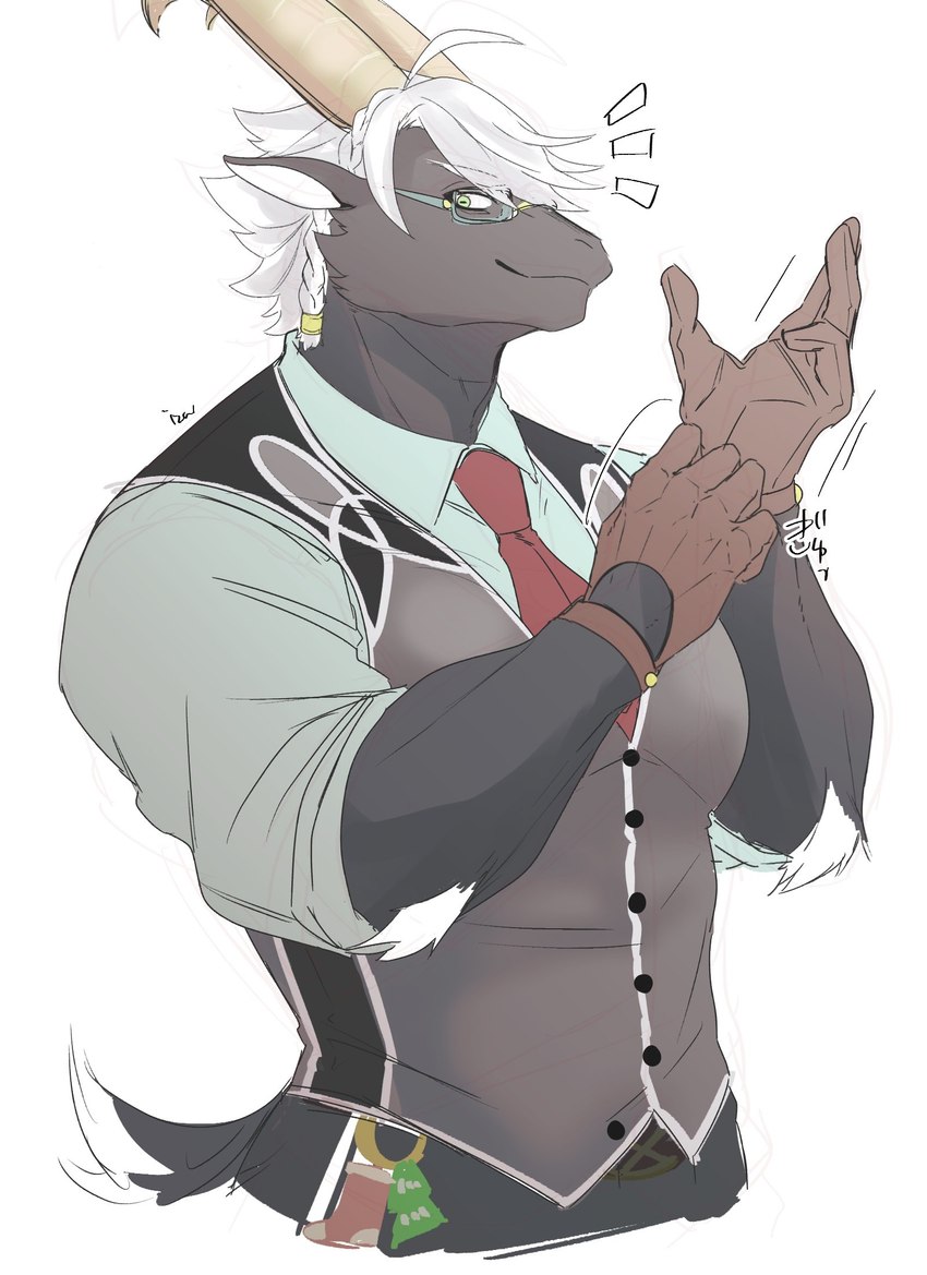 anthro black_body black_fur clothing eyewear fur glasses gloves hair handwear looking_at_viewer male muscular muscular_anthro muscular_male necktie shirt solo topwear vest white_hair izm_rm7 lifewonders tokyo_afterschool_summoners tanngrisnir_(tas) bovid caprine goat mammal 2023 hi_res