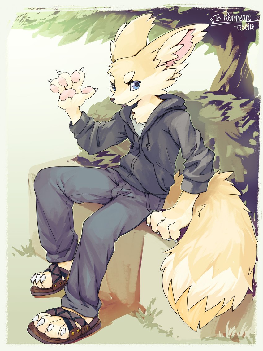 anthro black_bottomwear black_clothing black_hoodie black_pants black_topwear blue_eyes bottomwear claws clothing footwear gesture hoodie kemono outside pants pawpads sandals shoes sitting smile toe_claws topwear waving toomiro rennearc canid canine fennec_fox fox mammal true_fox 2019 3:4 absurd_res hi_res