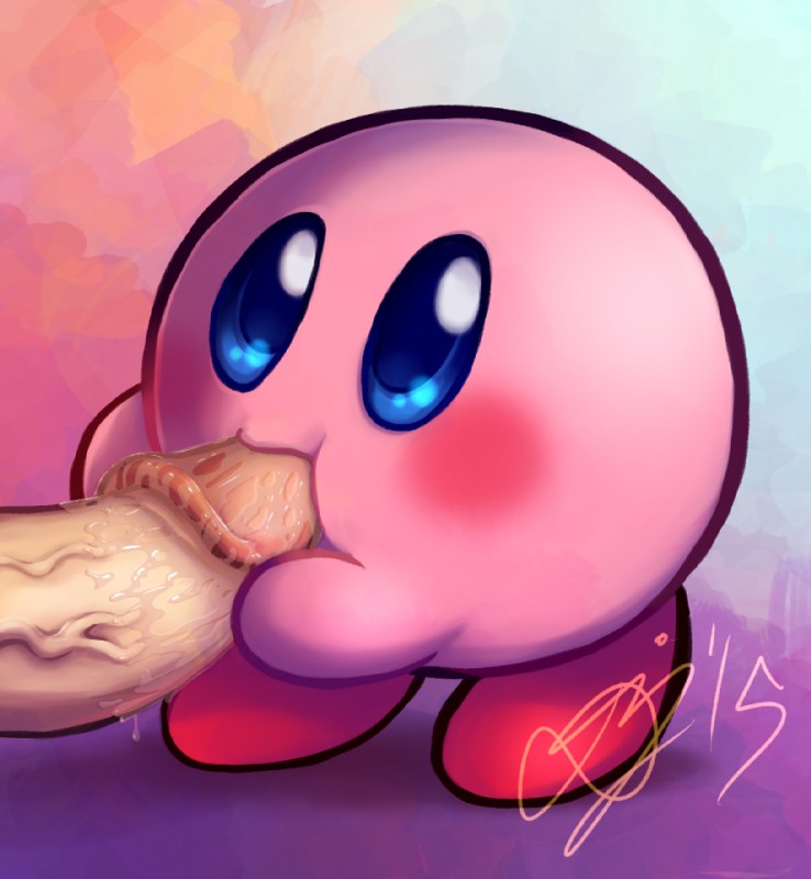 ambiguous_gender blue_eyes blush bodily_fluids disembodied_penis duo erection fellatio genitals humanoid_genitalia humanoid_penis male not_furry oral penile penis saliva sex dalprons kirby_(series) nintendo kirby alien human mammal waddling_head 2015 signature