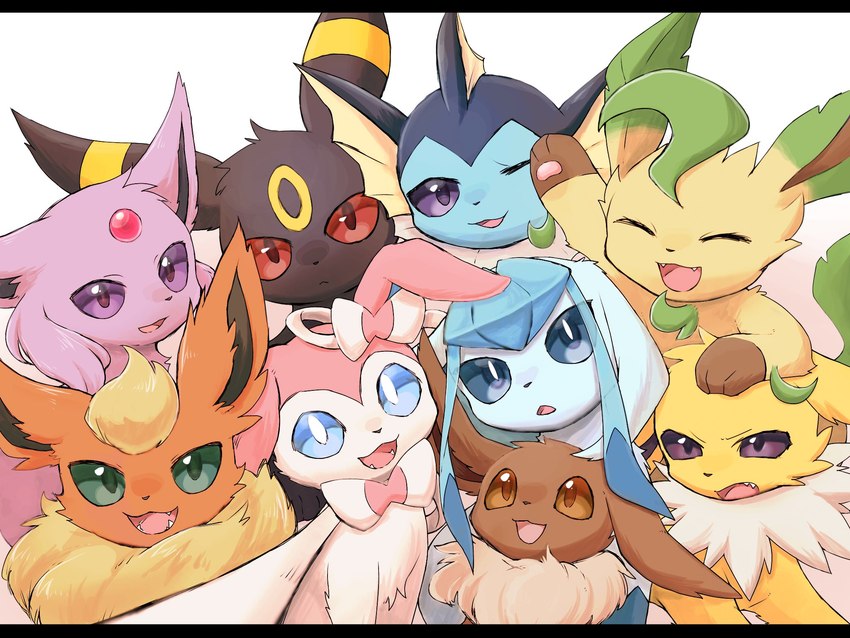 black_bars evolutionary_family eyes_closed fangs feral group group_photo hand_on_head looking_at_viewer one_eye_closed open_mouth ribbons_(anatomy) simple_background smile teeth tongue white_background ska_siyu nintendo pokemon canid eevee eeveelution espeon flareon generation_1_pokemon generation_2_pokemon generation_4_pokemon generation_6_pokemon glaceon jolteon leafeon mammal pokemon_(species) sylveon umbreon vaporeon 4:3 hi_res letterbox