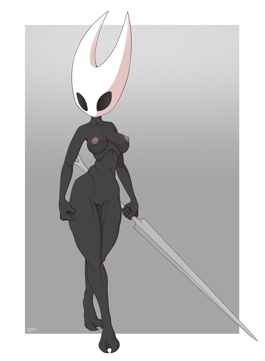 2_toes 5_fingers anthro big_breasts black_body black_eyes black_skin breasts claws feet female fingers front_view genitals holding_object holding_weapon horn navel nipples nude outline pussy simple_background slim solo toes walking weapon white_horn kektails hollow_knight team_cherry hornet_(hollow_knight) arthropod humanoid insect absurd_res hi_res signature